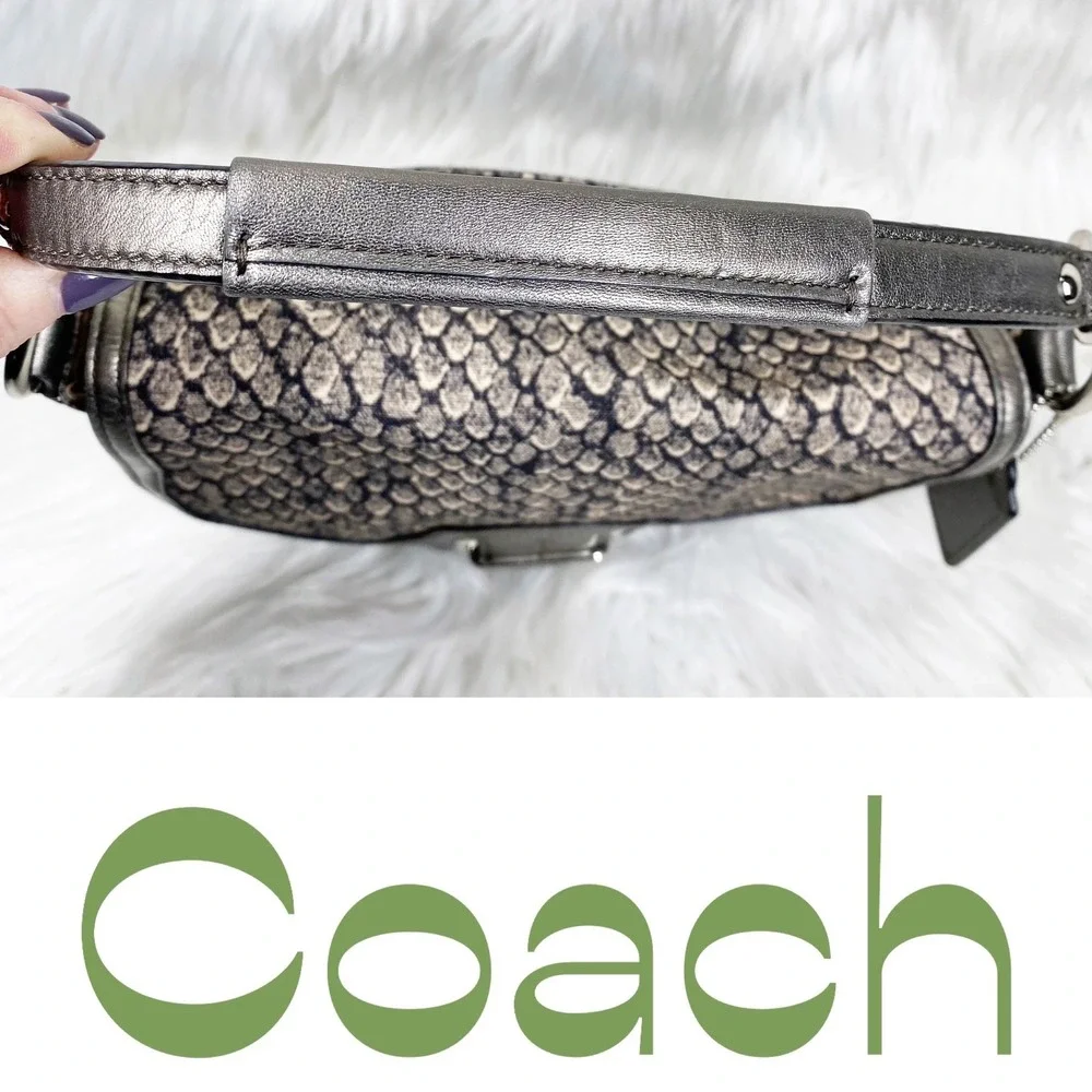 Coach Snakeskin Print Canvas Metallic Leather Shoulder Crossbody Satchel‎ Gray